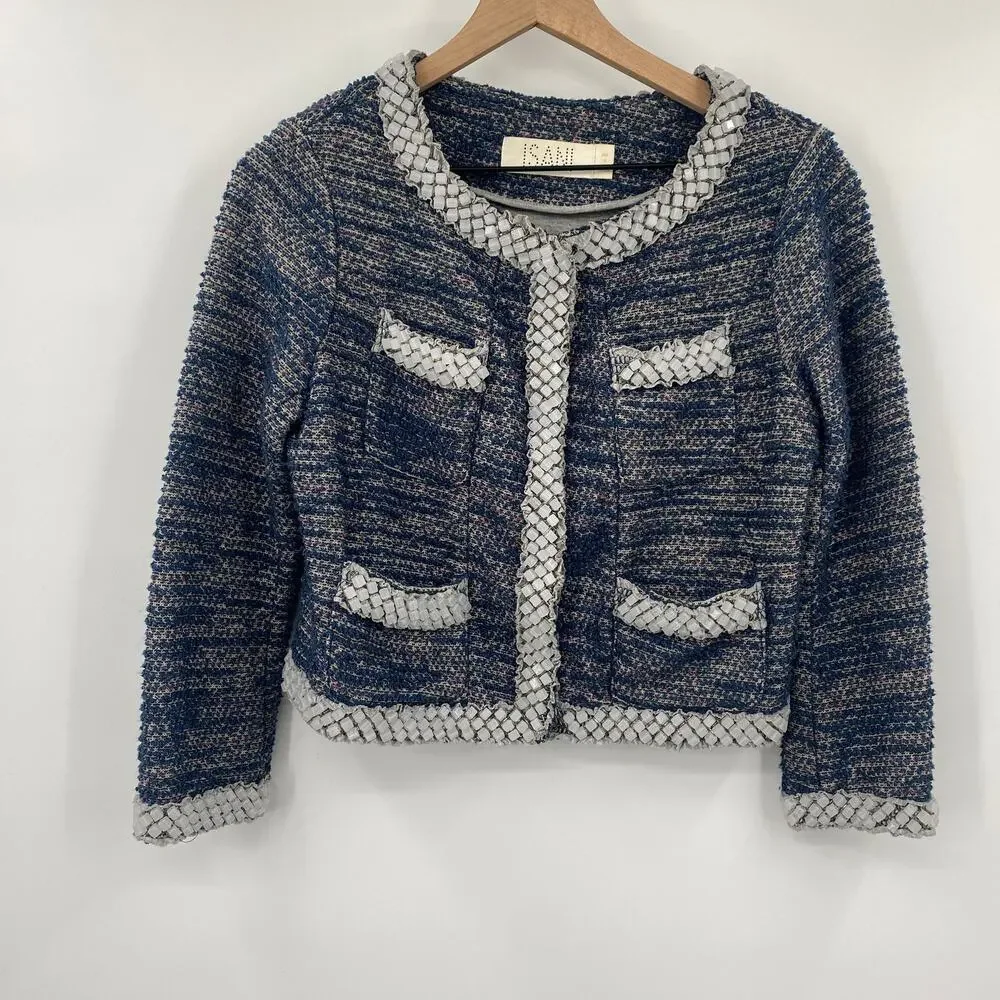 Anthropologie Isani Massey Tweed Blazer Beaded Trim Crop Lady Jacket Blue Small